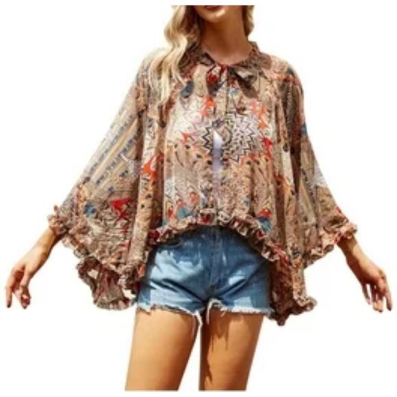 HOPE Boho Sheer Printed Cape Poncho Top Tan Tie Neck Ruffle Hem Festival Hippie - Picture 1 of 11